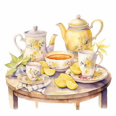 A watercolor illustration of a cozy and whimsical tea party scene, complete with an array of charming teacups and saucers adorned with delicate lemon slices. The tea set clipart should feature intricate floral patterns and intricate details, with the tea cups and teapot rendered in a sunny yellow hue. The overall style should be soft and dreamy, evoking the feeling of a lazy afternoon spent sipping tea with friends in a lush garden.