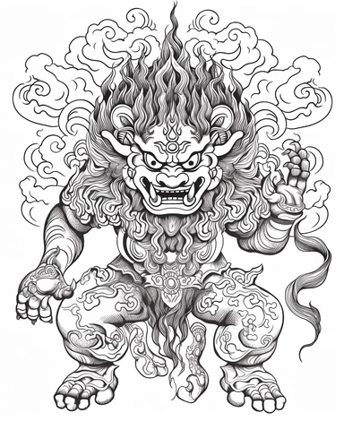 authentic full body mahakala statue fewer details but without any shades and no background, the pattern must not protrude from the image, clipart, black and white, thin but strong continuous lines, musnt fill with black any areas of the pattern coloring pages,