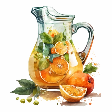 orange fruit in a glass jug full of juice watercolour clipart