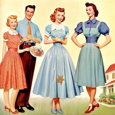 Vintage Illustration, A family of four, one man, one woman, and two children about 15 years old, cheesy 50s vintage clipart image by cynthia flanders, in the style of traditional costumes, photomontage, Full body view, whitcomb-girls, light indigo, gigantic scale, romanticized femininity, contrasting 8k