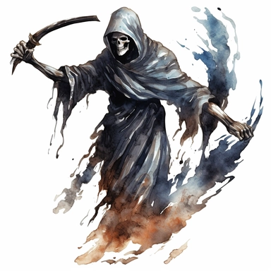 mystical dark scary watecolor halloween horror cartoon grim reaper clipart, hd 4k, detailed, focused, isolated on white background