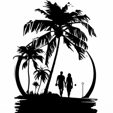 in the background of palm trees, a man and a woman walking into the sunset, simple lines, on a white background, vector clipart, black and white image, stencil art, vector style, stencil style for laser cut wall ar
