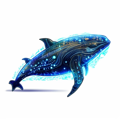 a glowing tribal blue whale with blue lights on his eyes, tribal animals, in the style of manhwa character design, master of shadows, burned/charred, himalayan art, dark black and light azure, 2d game art, quadratura, clipart, on white blackground