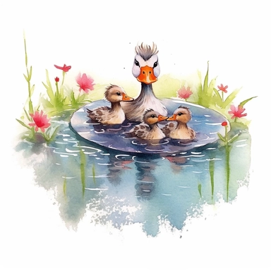 an adorable Duck mother with ducklings in a pond in the style of watercolour clipart with detailed brush strokes