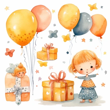 Craft a collection of childlike watercolor clipart birthday motifs that exude a sense of innocence and joy. Embrace a soft and dreamy style, reminiscent of artists like Mary Blair and Shirley Hughes, to evoke a nostalgic feeling. Incorporate charming elements like colorful balloons, confetti, cupcakes, and smiling animals, all portrayed with a gentle and hand-painted aesthetic. Let the colors be bright and lively, reflecting the exuberance of a child's birthday celebration.
