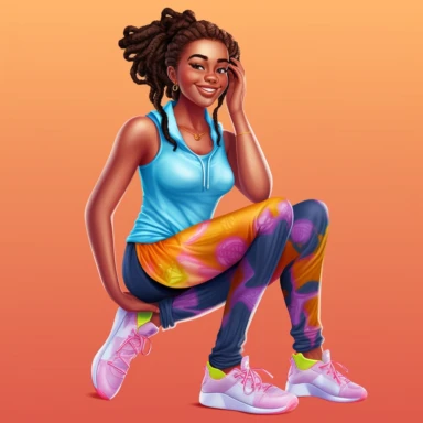 beautiful black teenage girl with beautiful pinned up hairstyle, dressed in bright colored fitness attire. Full perspective and, long shot A young black woman with full lips and a big beautiful smile, dressed in a jogger, has pinned up hairstyle and beautiful shapely legs, wearing sneakers, clipart in the style of digital airbrushing, feminine sticker art, dollcore, realistic face, realistic body, glamorous,