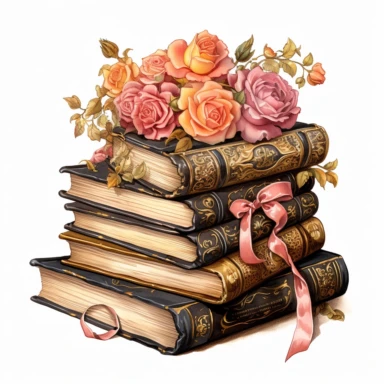 Make a clipart of a fairytale watercolor book stack with detailed binding on a table, shabby chic, with bright colors of peach and pink, roses, gold accents, black outlines, hd, white background