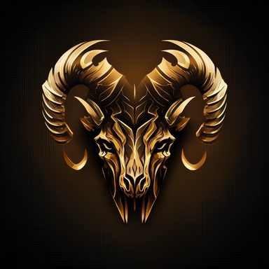 ram head logo clipart, flat logo, clipart logo, crystal style, ram head, angry glowing eyes, sharp shapes, futuristic, big horns, heraldic, logotype, clipart, golden, gold material, front, detailed, dark background, golden chrome, exiting