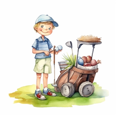 Cute Caddy: Adorable illustration of a cute caddy assisting with a golf club and offering support, watercolor, clipart, white background.