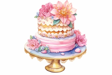 opulent watercolor frosted birthday cake with sprinkles clip art with white background