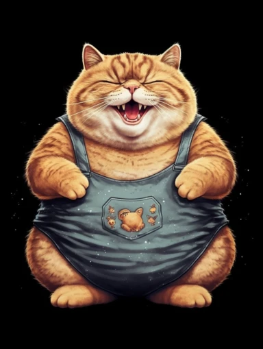 Obese cat with smiley t-shirt. Clipart-style. High detailed. Color contrast. Super-Resolution