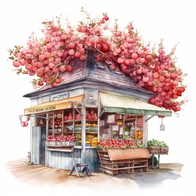 create a gorgeous high detail high quality watercolor clipart illustration of an old fashion fruit stand style store next to a large beautiful cherry tree, white background, no font, no text, NO WATERMARK