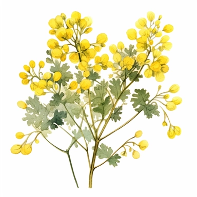 An image of a flowering rue plant, showcasing its clusters of yellow flowers clipart, white background, watercolor sophisticated drawing