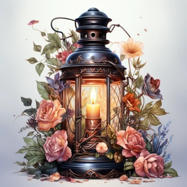 hyperrealistic ultra detailed watercolor clipart, floral fantasy lantern with a candle lit, white background, in the style of digital print, clipart, illustration, sticker, ultra high definition, rich details, 32K, HD