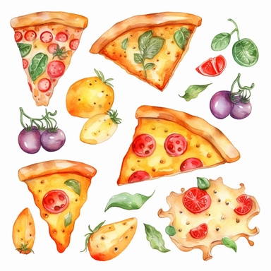 watercolor clipart pizza and cheese funny vibrant colours vector set sticker style