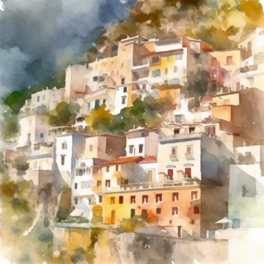 Watercolor Autumn houses in a street in Positano Italy Clipart water color cinematic impressionism abstract high quality