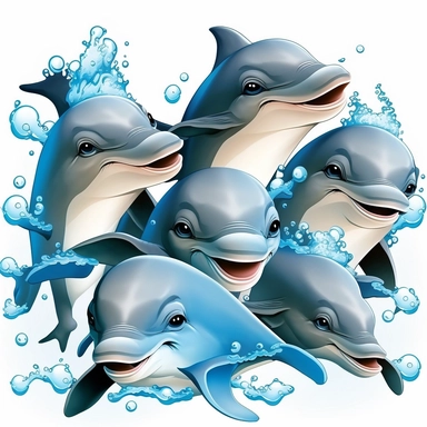 group of friendly, smiling baby dolphins swimming together clipart