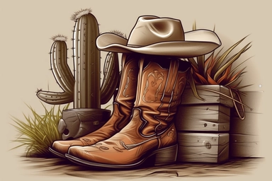 clipart, cartoon, cowboy hat, cowboy boots, catus, western theme, low detail