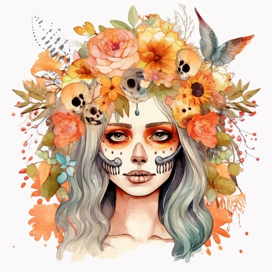 cute girl floral clipart watercolor with skull