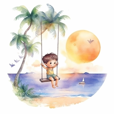 watercolour, tropical island setting, showcase an adorable little Hawaiian boy, he is swinging from the moon, the feeling is magical, clipart style