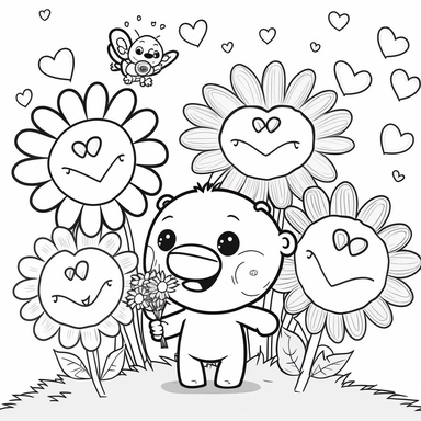 coloring page for kids, clipart, vector, outlined art, black and white, cartoon style, janimals, flowers, valentine, hearts, kawall, pencil line, crisp lines, bold lines, silly, laughing, fun, humour