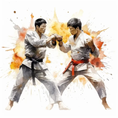Jeet Kune Do fight, Karate, highly detailed, watercolor, clipart, illustration, white background, digital painting, paper crafting, no signature, no text