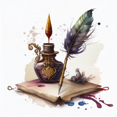 A magical quill pen and an inkwell, adorned with a tiny Hogwarts crest, watercolor by Joseph Zbukvic, clipart, solid white background