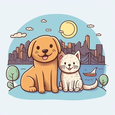 adorable kawaii drawing of furry tabby cat and labrador retriever dog smiling with NYC skyline clipart style