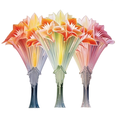 Design a dreamy watercolor clipart of a Bouquet of fan-shaped flowers such as bird of paradise, gladiolus, and anthuriums arranged in a striking and artistic arrangement composition, hand-painted with soft and graceful brushstrokes. Draw inspiration from