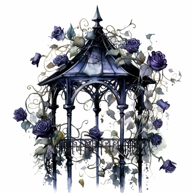 A gothic trellis covered in climbing black roses and deadly nightshade clipart, white background, watercolor drawing
