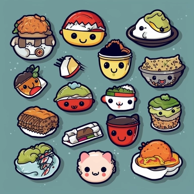 a set of black line clipart inspired by sushi and zombies and muppets and Care Bears and Funko Pop toys