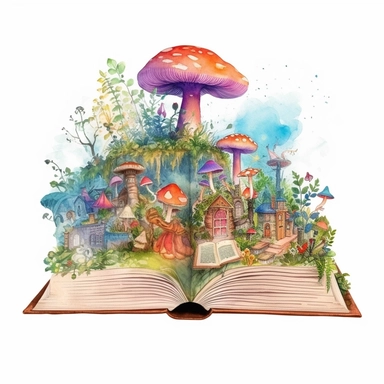 Visualize an open book clipart designed with a watercolor effect, featuring pages filled with fantastical realms, enchanted forests, and hidden treasures, inviting viewers to embark on a journey of imagination and discovery on a white background.