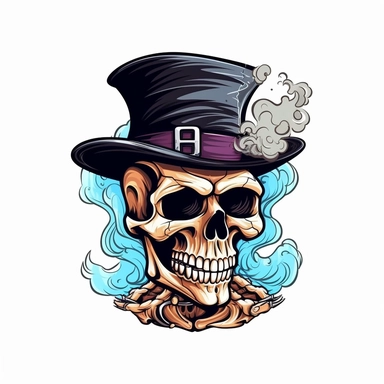 super awesome skull wearing a black hat smoking a cigar cartoon vector clipart hand drawn painting style on a white background
