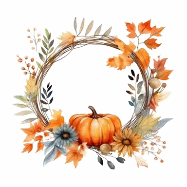 one fall wreath watercolor clipart on a white background watercolor , in the style of rural america, high resolution, sarah purser, rural life scenes, large canvases, illustration, celebration of rural life , no watermark, text, words, paintbrush, 300 DPI, typography, the images do not stick together, no text in the picture