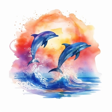 watercolor dolphins jumping on the ocean, at Sunset, vibrante colors, clipart image, on a white background