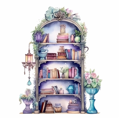 Watercolor Fantasy Bookshelf,fancy watercolor,scrapbooking,clipart,white background