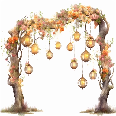 Enchanting tree arch decorated with whimsical hanging lanterns and dainty floral garlands, clipart, on a white background.