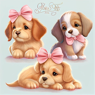 walt disney style, sweet cheerful pets with bows, soft toy look, clipart set