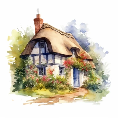 a quaint old english cottage with thatched roof at the edge of a forest surrounded by wildflowers, white background, clipart, watercolor style--q2--v5.1