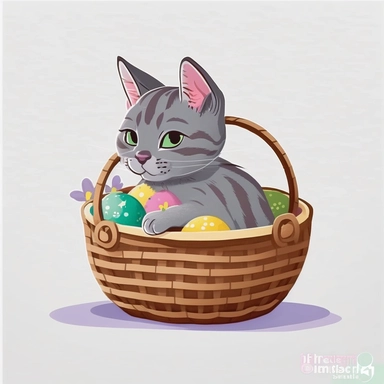 clipart of very cute gray tabby kitten, playing in a basket full of easter eggs, solid white background, in the style of mary blair, vintage disney animation style