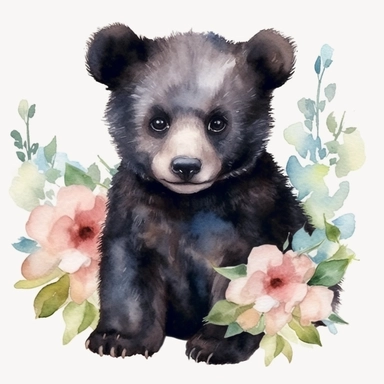 watercolor baby asian black bear clipart, no words, no background