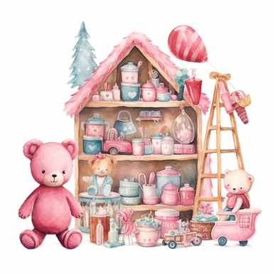 Cute Christmas toy workshop pink watercolor clipart