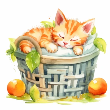 Watercolor kitten peacfully sleeping in a laundry basket clipart, surrounded by oranges and orange leaf and branches, high quality drawing, high quality, body visible, summer colors, hairs are visible, summer day theme, valentines day theme, full body kitten, crawling in basket, childlike innocence and charm, adorable eyes, rosy cheeks, shy kitten, hand painted watercolor, professional watercolor drawing, unique art, watercolor on paper texture, clean background, isolated on white background