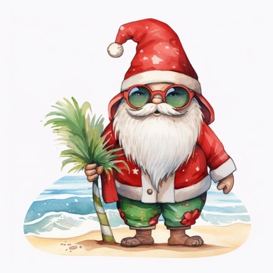 A watercolor painting of cute fat Santa's red hat and sunglasses, holding a surfboard and standing on a beach, cute big eyes, red and green Christmas shawl, cute detailed digital art, whimsical and cute, cute detailed artwork, glimmering, art, Clipart style