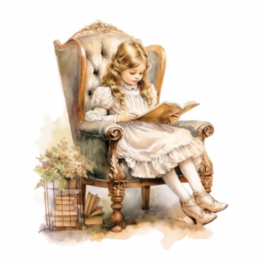 victorian vintage adorable little girl reading book on a vintage chair, full body, pastel beige colors, clipart style, watercolor technique, super high quality, professional watercolor clipart, high resolution, 8k