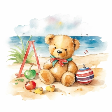 cute watercolor teddy bear at the beach, clipart, white background