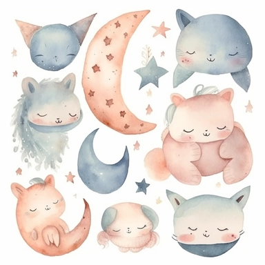 watercolor clipart of cute sweet dreams decor set, half moon sleeping, cute objects, soft watercolor, watercolor paper texture, no background. clear simple shapes.Adorable. High quality