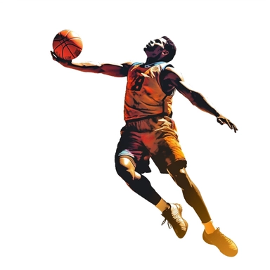 Clipart a basketball player in a jump scores a ball into the basket. On a white background without shadows.