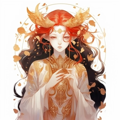a girl with red flowing hair and ram horns, delicate shades of red orange and gold, watercolor clipart, white backound, no backound, glowing,Takehisa Yumeji