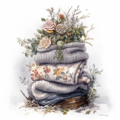 isolated on white illustration watercolor art of a beautiful warm sweaters are stacked, overgrown with white and light pink roses and flowers, covered with snow and ice, a lot of moss and branches, lace and embroidery, winter, snow, trees, masterpiece by Tomasz Alen Kopera style and by Carl Holsoe style and by James C. Christensen style and by Alexander Jansson style, PNG clipart, isolated on white, white background, extreme photorealistic details, 32k HD resolution, realistic high detailization